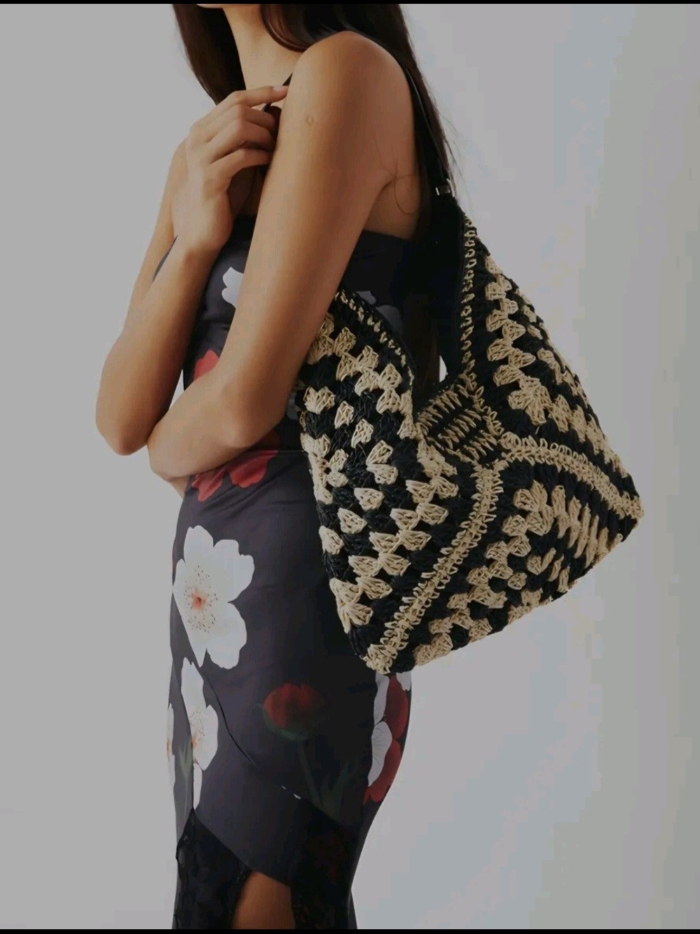 Black & Cream Commense Vintage Look Crochet Macrame Shoulder Bag - Picture 2 of 2